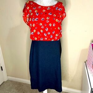 Pretty AA Studio Floral Red and Navy/denim dress. Top is 100% polyester